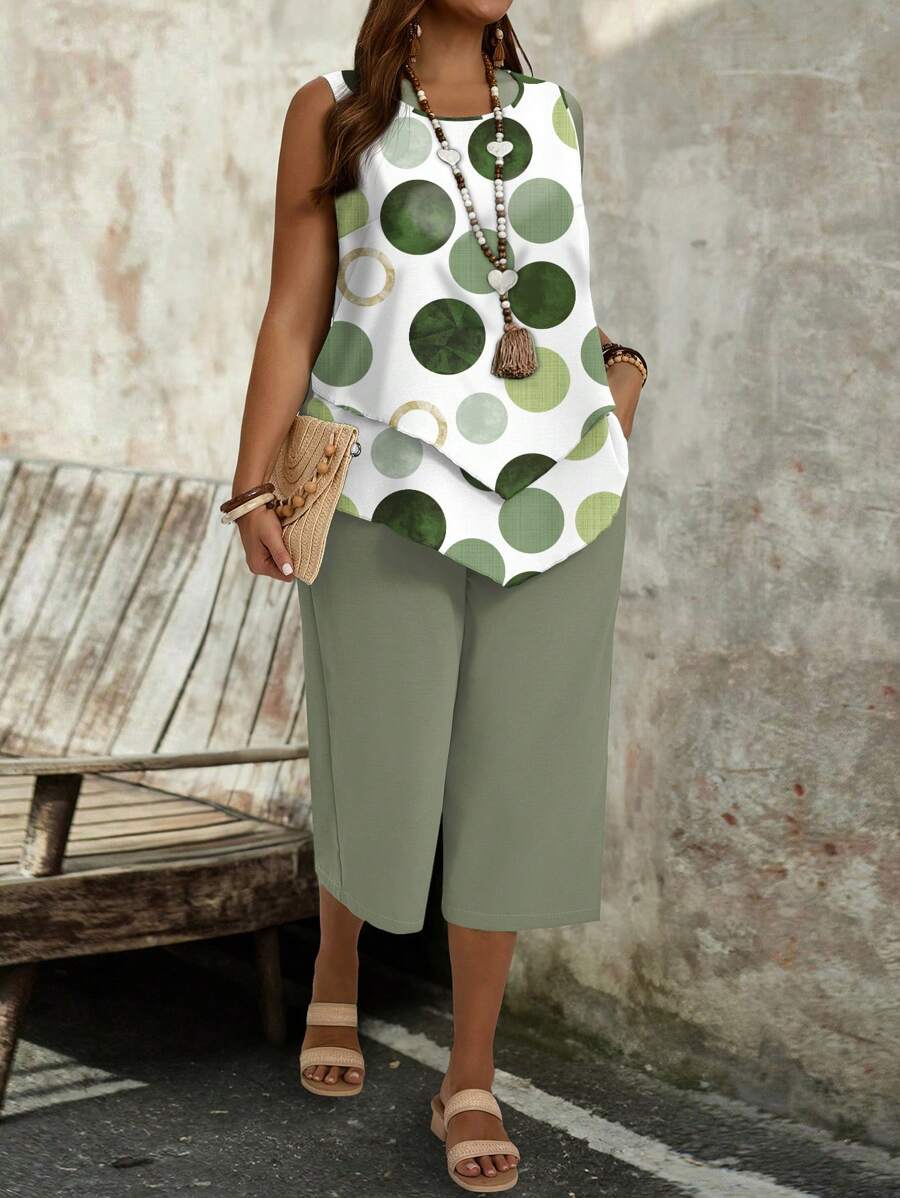 EMERY ROSE 2pcs/Set Plus Size Casual Minimalist Polka Dot Pattern Outfit, Suitable For Summer Suitable For Going Out Fall Clothes,Spring/Vacation - Multicolor - View 1