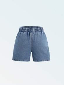 Tween Girls Loose Washed Blue Casual Denim Shorts, All-Match Style Suitable For Daily Wear, Versatile & Fashionable - Medium Wash - View 2
