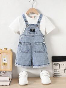 男童休闲可调节口袋牛仔背带裤 - 中等水洗藍 - 查看 3