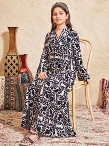 SHEIN Tween 女童复古印花长袖 A 字形宽松度假连衣裙 - 藏蓝色 - 查看 3