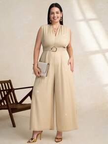 SHEIN Clasi Plus Size Women's Sleeveless Solid Color Wide Leg Elegant Jumpsuit Mother Day Mom Mother Mommy Mother's Day Mama Mum Mother's Day Gift - Apricot - View 4