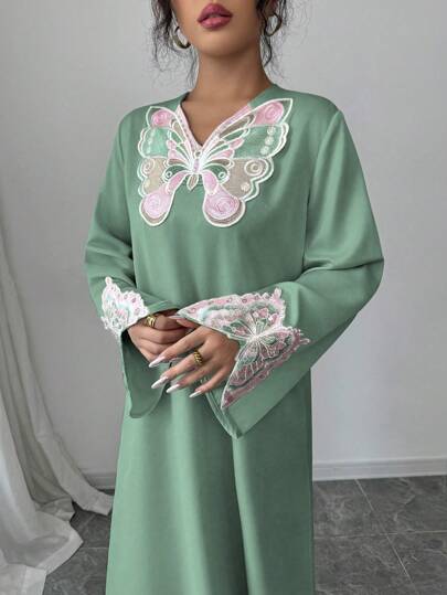 Yasmyna 女士阿拉伯风格宽松蝴蝶印花连衣裙，杏色，端庄