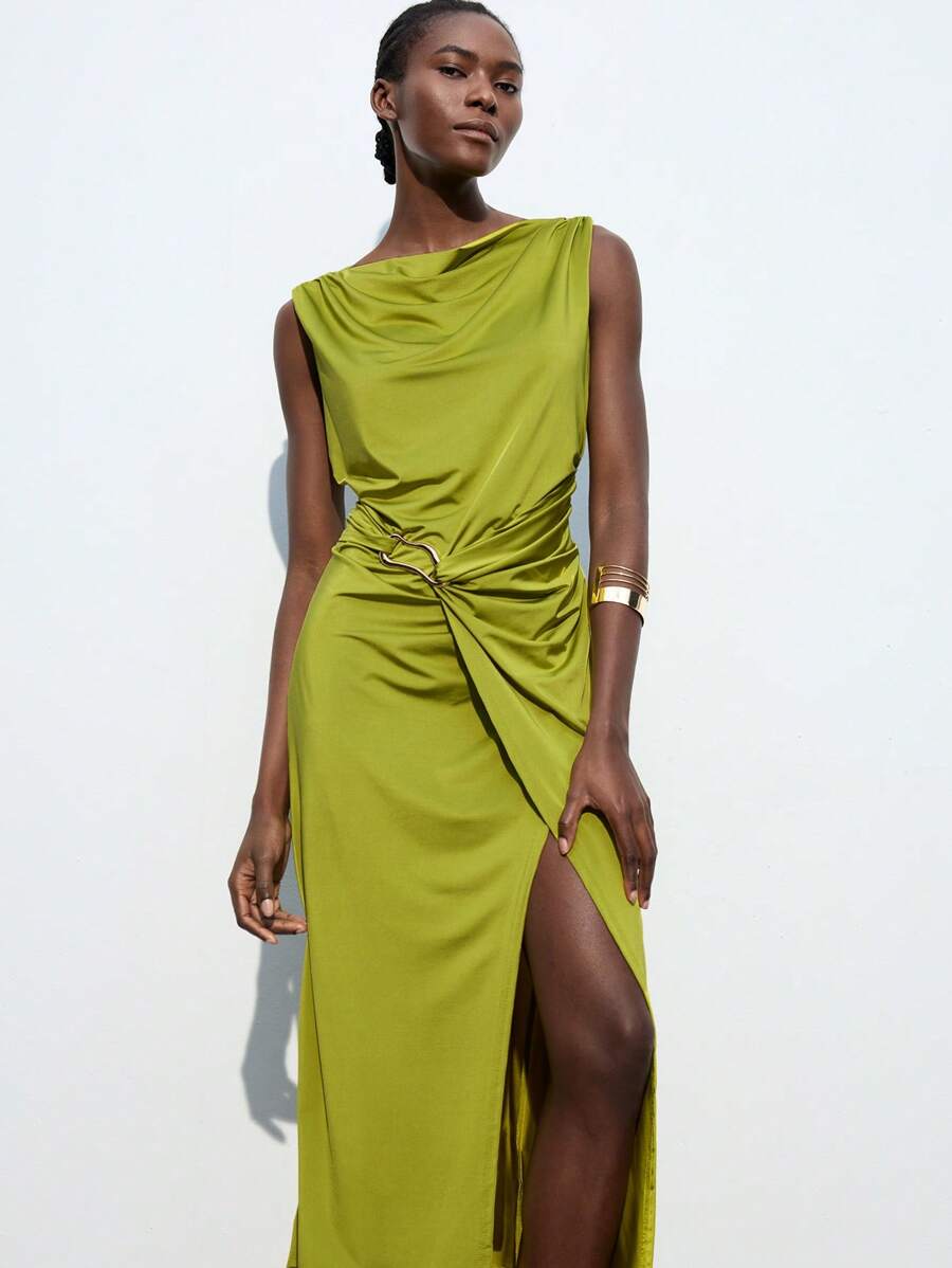 Maija 秋冬新款时尚音乐节海滩派对度假优雅无袖中长针织腰连衣裙，鼠尾草绿色，适合日常休闲、派对、婚礼、毕业典礼、浪漫都市度假