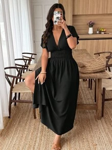 Breezaya Plus Size V-Neck Solid Color Short Sleeve Casual Dress, Suitable For Summer BASICS - Black - View 5