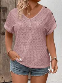 SHEIN LUNE 女式休闲 V 领短袖翻边袖口撞色纽扣大码 T 恤，春夏 - 粉色 - 查看 6