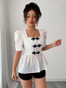 Elenzga Blusa de verano con mangas cortas, cuello en V, textura semitransparente, estilo abotonado en la cintura y silueta en línea "A", elegante y delicada, de algodón