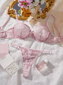 SHEIN Set de 2 piezas de lencería con encaje de estilo sexy en color rosa loto - Rosa - Ver 5