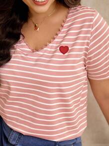 Elaquor Camiseta de manga corta con rayas y bordado de corazón, informal y de talla grande, para verano