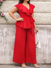 Reflora Plus Size Women Solid Color Ruffle Waist Tie Shirt & Pants Casual 2Pcs Set Two Pieces Set Women Pants Women Clothing Two Pieces Two Pieces Outfits For Women Women Two Pieces Sets Outfits For Women Sets Summer Clothes Rave Outfits Ibiza Rave Country Concert Outfit Rave Outfits Festival Nashville Outfits Outfits Outfits Vacation Outfits Women Mother Day Mom Mother Mommy Mother's Day Mama Mum Mother's Day Gift - Red - View 6