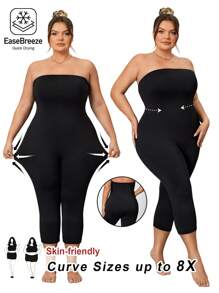 SHEIN CURVE+ Plus Size High Stretch Tight-Fitting Jumpsuit, Minimalist & Fashionable, Suitable For Summer - Black - View 1