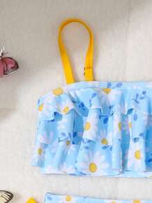 Adorable Girls' Two-Piece Bikini Set With Daisy Print And Ruffle Detailing Perfect For Summer Beach Fun - Multicolor - View 10