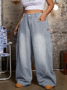 SHEIN ICON Plus Size Women Pockets Loose Fit Wide Leg Casual Versatile Jeans 2000s Style Baggy - Grey - View 7