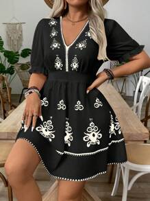 SHEIN Holidaya Elegante vestito con scollo a V, maniche a palloncino e stampa floreale
