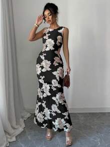 Elenzga Vestido sólido de mujer elegante, de moda, para ir a trabajar, encantador, sin mangas, de cuello redondo, cintura ceñida, ajustado al Body, con bordados - Negro - Ver 1