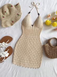 Soleia Sexy Spaghetti Strap V-Neck Hollow Out Wooden Bead Embellished Bodycon Dress, Vacation Spaghetti Strap Tied Back Ombre Knit Dress For Holiday, Date,Afternoon Tea, Music Festival, Boho