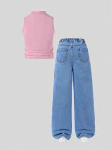 Tween Girls 2 Pieces Set: Ribbed Mock Neck Tank Top & Ripped Heart Print Flare Jeans With Elastic Waistband - Pink - View 2