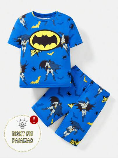 BATMAN X SHEIN 85th 年轻男孩时尚卡通图案针织紧身圆领上衣和短裤睡衣套装