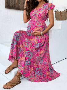 SHEIN Schwangerschaftskleid im Urlaubsstil mit Cashew-Muster, Rüschen an Ärmeln und Taille, figurbetonter Passform in Midi-Länge für Schwangere im Sommer