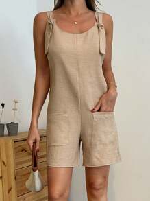 EURMUSE 女士纯色口袋和前系带细节连体裤 - 米色 - 查看 6