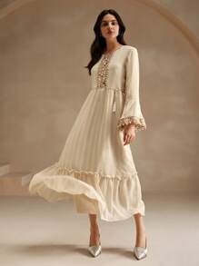 Anewsta Elegant Embroidery & Beaded Decor A-Line Dress For Women Maxi Women Outfit - Apricot - View 6