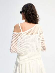 LYSMO Light Apricot Hollow Out Asymmetrical Neckline Long Sleeve Women Cover Up,Country Concert - Apricot - View 2