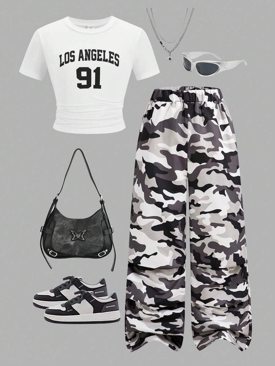 SHEIN ChillGRL Tween Girl Oversized Loose Pink Camo Pattern Cargo Pants And Short Sleeve T-Shirt 2 Pieces Set - White - View 1