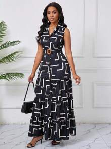 Lyxana Vestido cruzado con volantes escalonados y estampado geométrico sin mangas, elegante para damas