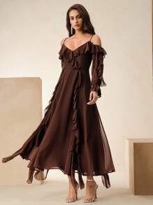 Anewsta 女士优雅雪纺拼接褶饰荷叶边细肩带连衣裙，浪漫度假、派对、约会之夜、春夏季 - 摩卡棕 - 查看 6