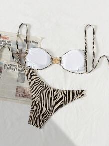 Springbreak Women's Black & White Zebra Stripe, Starfish & Metal Decor Halter Sexy Bikini Set, Spring/Summer