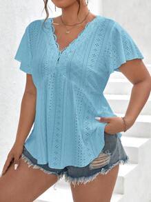 SHEIN Frenchy Plus Ruffle Trim Contrast Lace Butterfly Sleeve Doll Tee - Blue - View 5