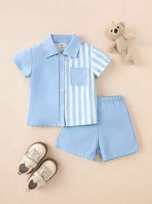 SHEIN Conjunto de camisa de manga corta a rayas y shorts para bebé niño