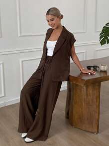 Livesso Bộ 2 món đồ nữ phong cách nghỉ dưỡng tối giản, màu trơn, áo blazer bằng vải lanh, thích hợp mặc ở nhà. - màu nâu - Xem 6