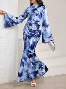 Veilorie 女士优雅花卉印花喇叭袖阿拉伯风格长裙