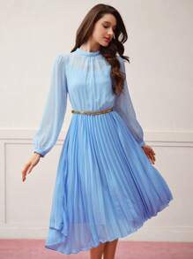 MOTF Classy SHEER ROUND NECK PLEATED SUMMER DRESS - Blue - View 6