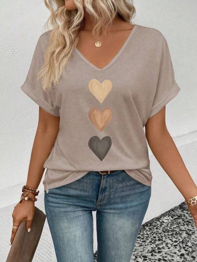 SHEIN Damen V-Ausschnitt mit weitem Ärmelabschluss, Farbverlauf-Herz-Muster-Muster lässiges vielseitiges T-Shirt, Frühling/Sommer