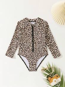 Traje de baño de una pieza con cremallera frontal de manga larga con estampado de leopardo, informal, para niña - Negro - Ver 1
