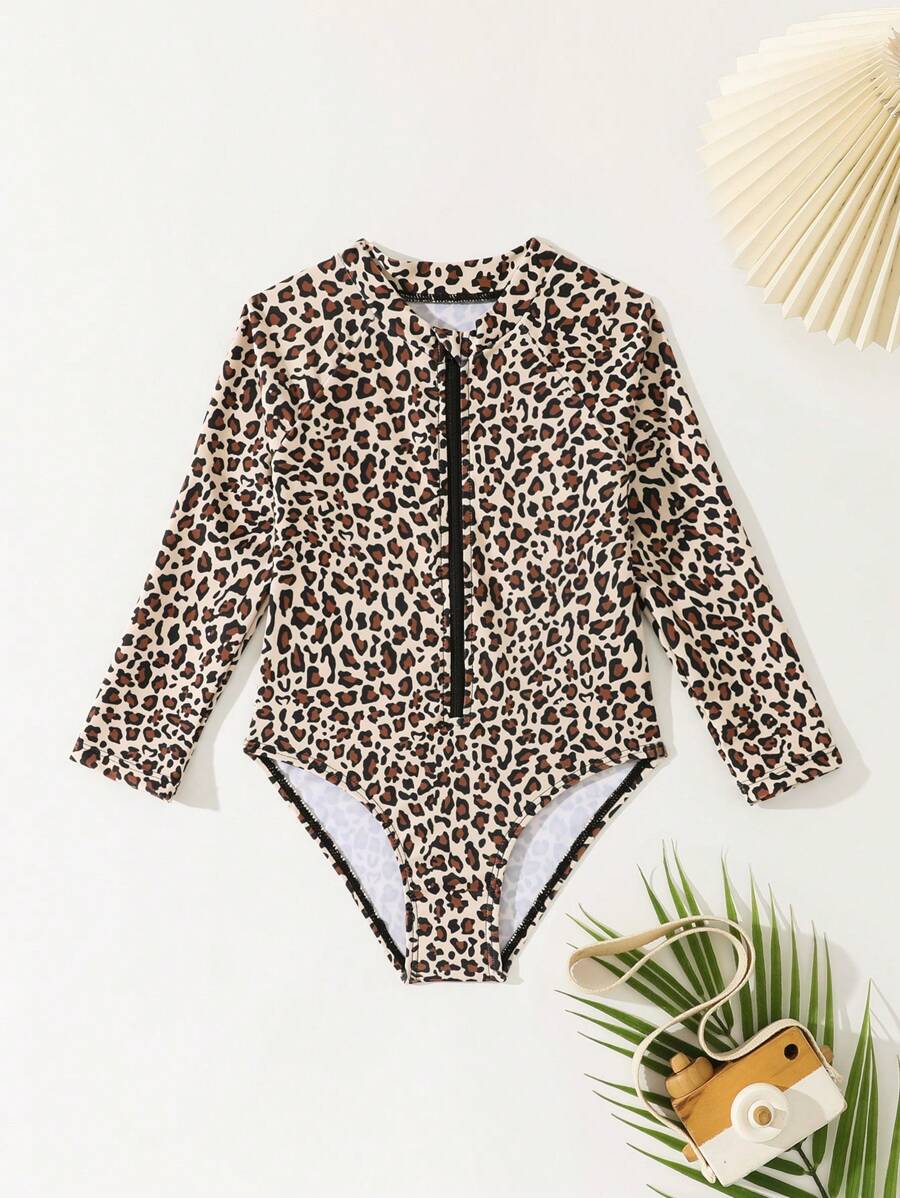 Traje de baño de una pieza con cremallera frontal de manga larga con estampado de leopardo, informal, para niña - Negro - Ver 1
