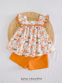 Cozy Pixies 2pcs/Set Baby Girl Floral Decor Ruffle Collar Short Cap Sleeve Top And Elastic Waist Shorts Set - Yellow - View 6