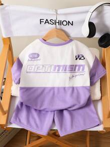 SHEIN 2 件男童休闲图案印花拼布短袖上衣和短裤套装，适合外出、上学、日常聚会、秋冬季 - 紫色 - 查看 6