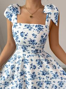 Elenzga Nuovo abito elegante e casual per l'estate e le vacanze, a fiori piccoli, con lacci sulle spalle, vita incintata, linea a ruota, slim e modellante