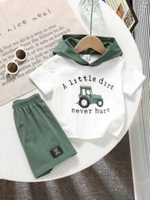 SHEIN Leap Crew 2件套男婴休闲可爱卡通汽车图案针织连帽衫上衣和短裤套装，夏季