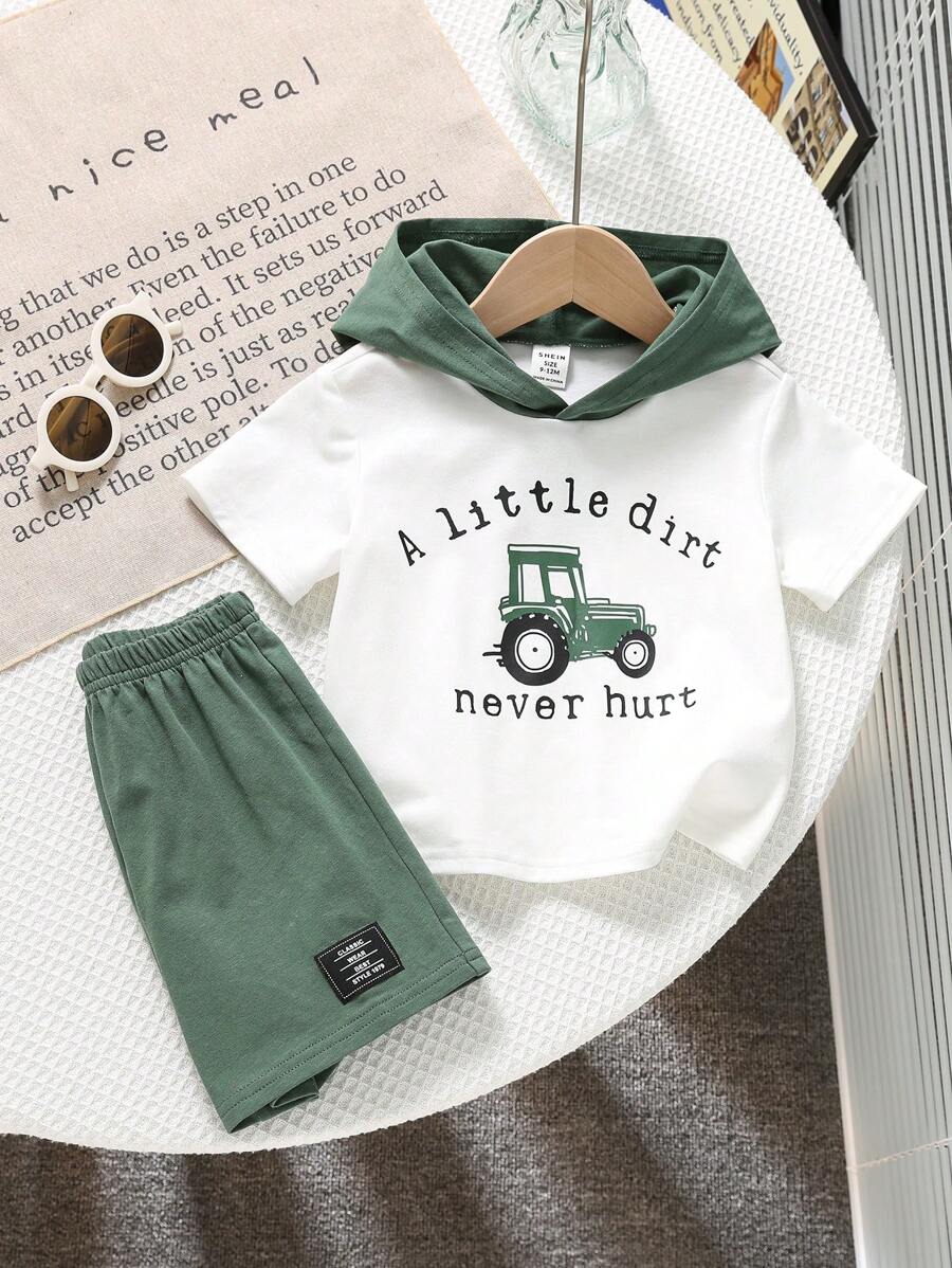 SHEIN Leap Crew 2件套男婴休闲可爱卡通汽车图案针织连帽衫上衣和短裤套装，夏季