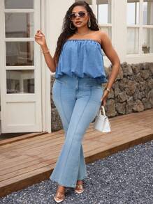 SHEIN SXY Two Ways To Wear Plus Size Women's Denim Tube Top, Minimalist Fashion, Suitable For Autumn Sundress Short Skirt Autumn Outfits For Women Festival Outfits Elegant Beach Vacation Outfits Women Autumn Tops - Blue - View 5