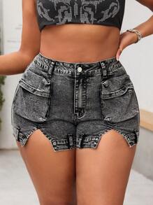 SHEIN SXY Quần short denim co giãn cỡ lớn dành cho nữ, quần short denim bó sát gợi cảm với đường cắt xẻ táo bạo, thích hợp cho mùa hè và các lễ hội. - Màu xám đen - Xem 4