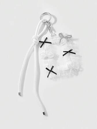 Kawaii 1pc Y2K Luxury Minimalist Elegant Handmade Pearl Beaded Bowknot Lace Trim Card Holder & Lanyard With Leather Strap, DIY Keychain/Bag Charm, Suitable For Office Workers, Students, Daily Wear, Holiday Gift