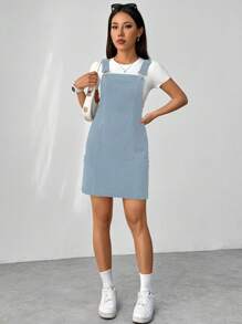 SHEIN Unity 女式灯芯绒口袋休闲连衣裤 - 淺藍色 - 查看 3