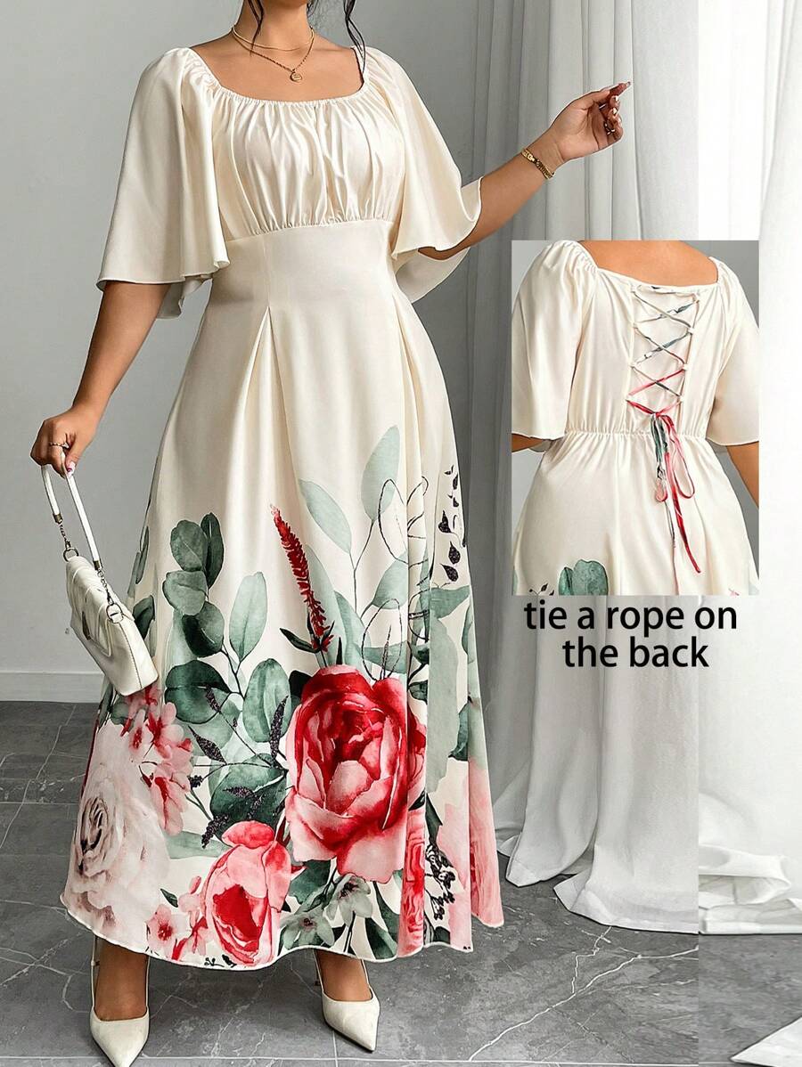 Modelyn Plus Size Jacquard Color-Block Long Sleeve Waist-Cinched A-Line Dress - Red - View 1