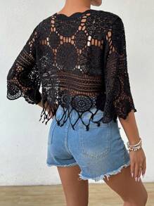 Swim Vcay Solid Color Sheer Fringe Hem Casual Pullover Hoodie Top