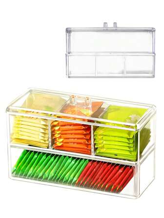 1 pieza Caja organizadora de bolsitas de té con tapa, caja de almacenamiento con compartimentos de escritorio, organizador de cajones, contenedor de almacenamiento de acrílico transparente, perfecto para gabinetes de cocina, encimeras y almacenamiento de despensa, ideal para cápsulas de café, organizadores de sobres de té, soporte para bolsitas de té, almacenamiento de bolsitas de té, regalo festivo, regalo de Navidad