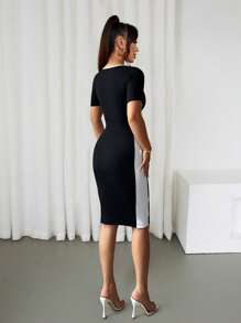 Xyvia Elegant Patchwork Design Women Round Neck Short Sleeve Dress - Black and White - View 2